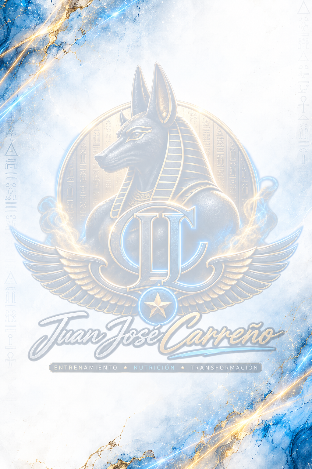 Logo de Juan José Carreño con Anubis dorado y alas