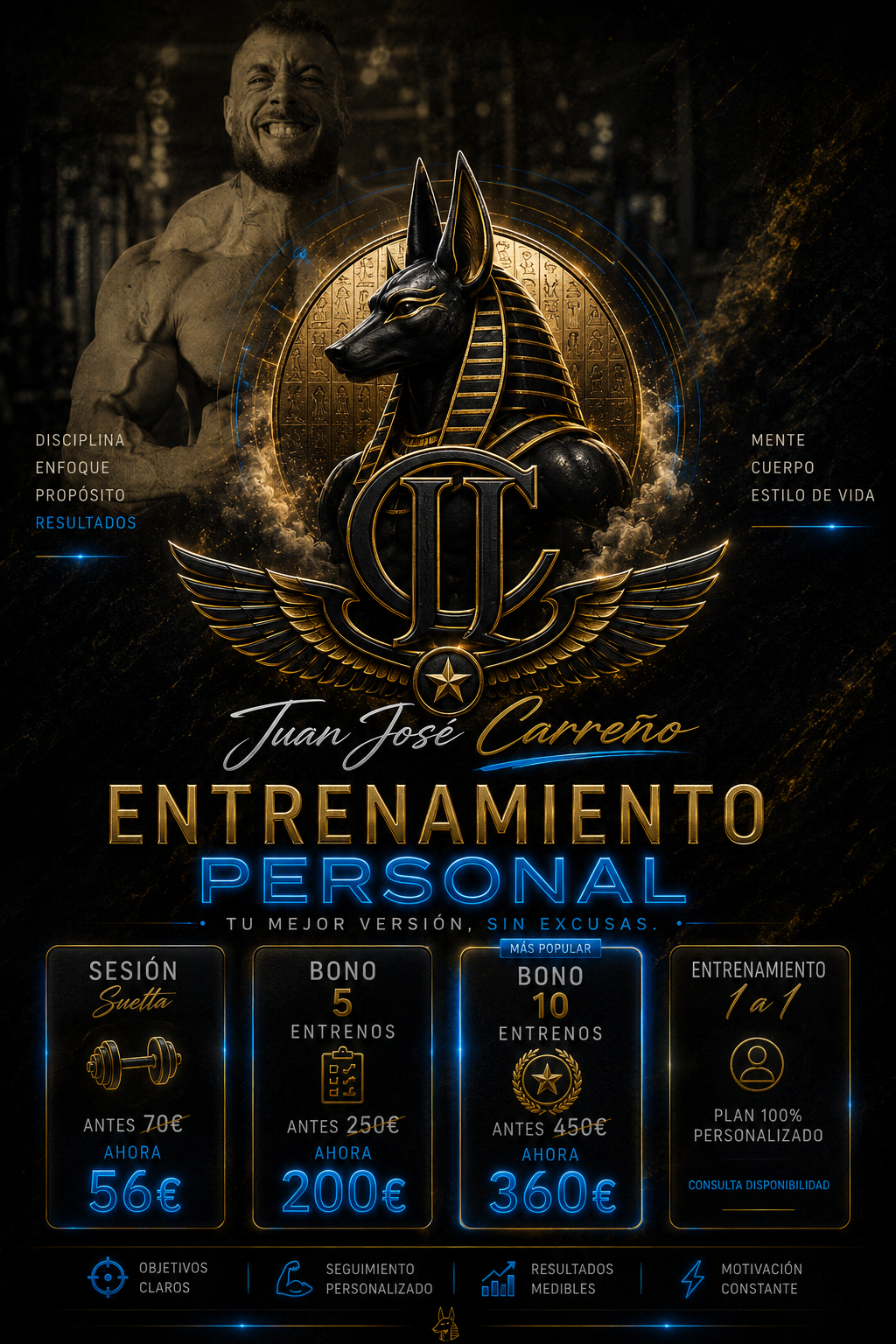 Cartel de entrenamiento personal presencial con precios de sesión suelta y bonos